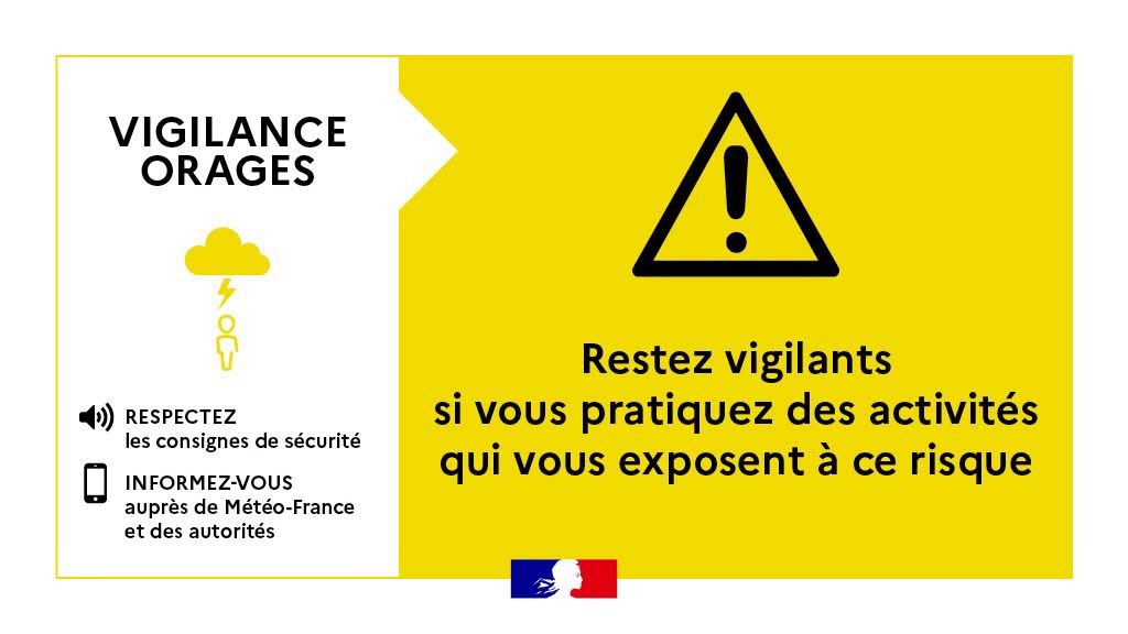 Vigilance orages : restez vigilants si vous pratiquez des activités exposées. Respectez les consignes de sécurité et informez-vous auprès de Météo-France.