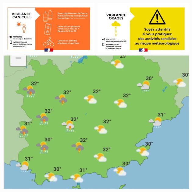 carte météo vigilance canicule orange et jaune pour les orages