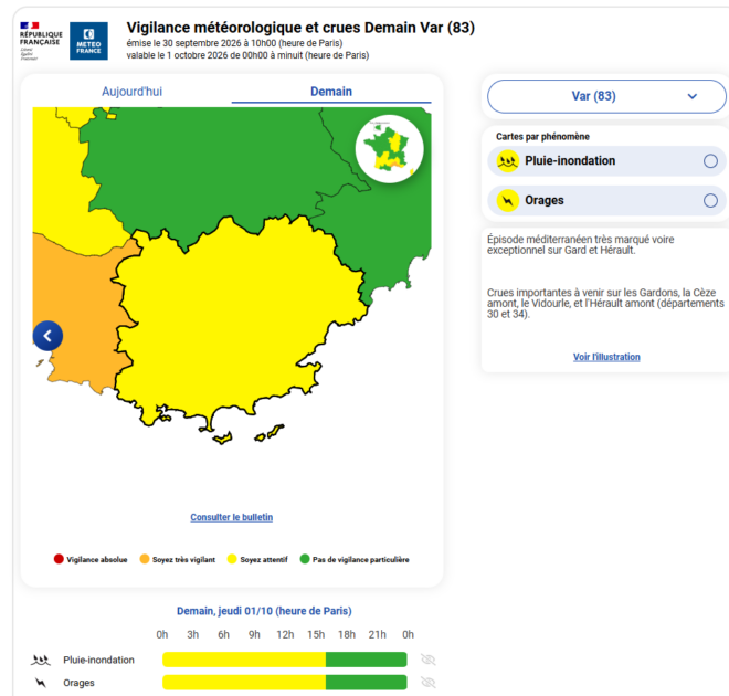 vigilance jaune orage et pluie inondation pour jeudi 1er octobre 2026 par Météo France
