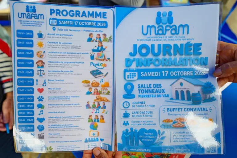 Programme de la journée d'information Unafam du samedi 17 octobre 2026 à la salle des Tonneaux à Pierrefeu-du-Var, détaillant les activités de 9h30 à 16h30.